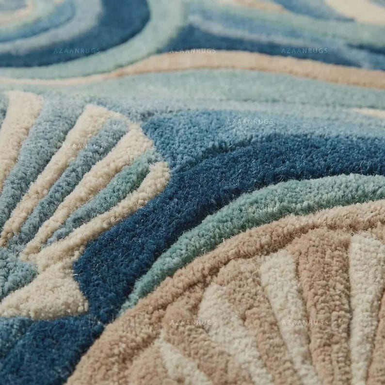 Handmade Abstract Ocean Wave Rug, Teal Blue Wool Carpet, Coastal Living Room Plush Textured Rug