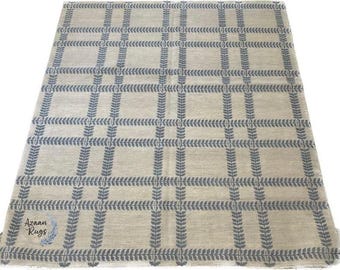 Handmade Wool Rug, Blue Checkered Leaf Pattern, Modern Minimalist Decor