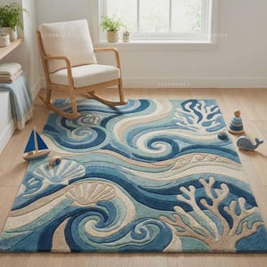 Handmade Abstract Ocean Wave Rug, Teal Blue Wool Carpet, Coastal Living Room Plush Textured Rug