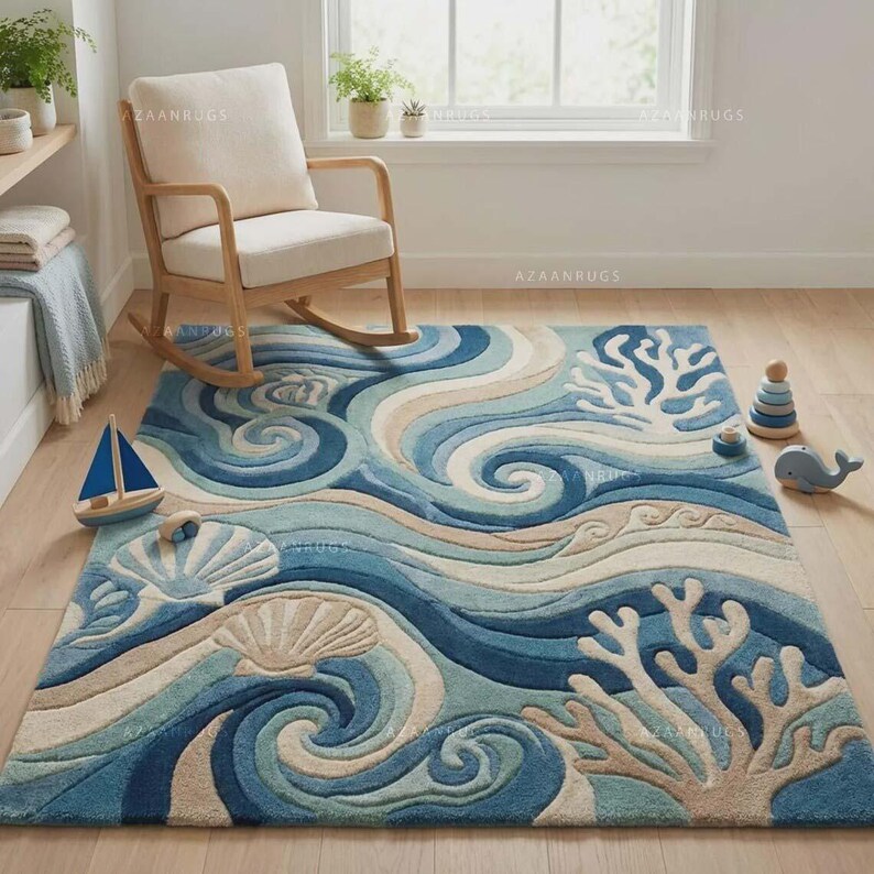Handmade Abstract Ocean Wave Rug, Teal Blue Wool Carpet, Coastal Living Room Plush Textured Rug
