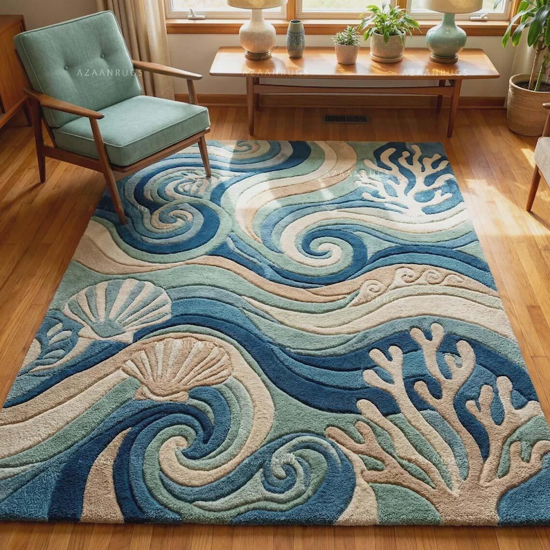 Handmade Abstract Ocean Wave Rug, Teal Blue Wool Carpet, Coastal Living Room Plush Textured Rug