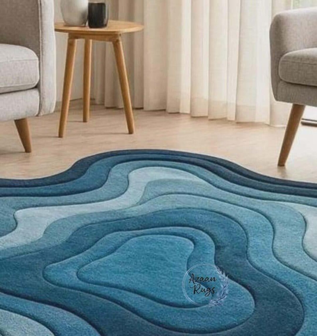 Layered Blue Rug Blue Wavy Layered Area Rug | Modern Organic Shape Carpet 5x8, 9x12 ...