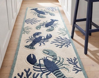 Coastal Lobster Runner Rug Handmade Tufted Nautical Kitchen Carpet Blue Green Modern Design.