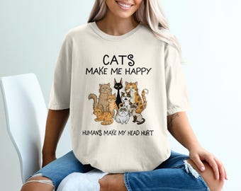 Camiseta "Los gatos me hacen feliz", divertida para amantes de los gatos, gruñona, regalo de gatito adorable, humor sarcástico. Envío gratuito.