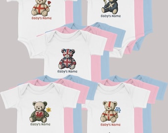 Mono de bebé personalizado con diseño de oso de peluche y bandera británica, inglesa, escocesa, galesa o norirlandesa. Mono infantil con diseño de oso de Inglaterra.
