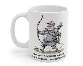 Taza divertida de caballero medieval / Dibujo animado de caballero, ilustración humorística de armadura