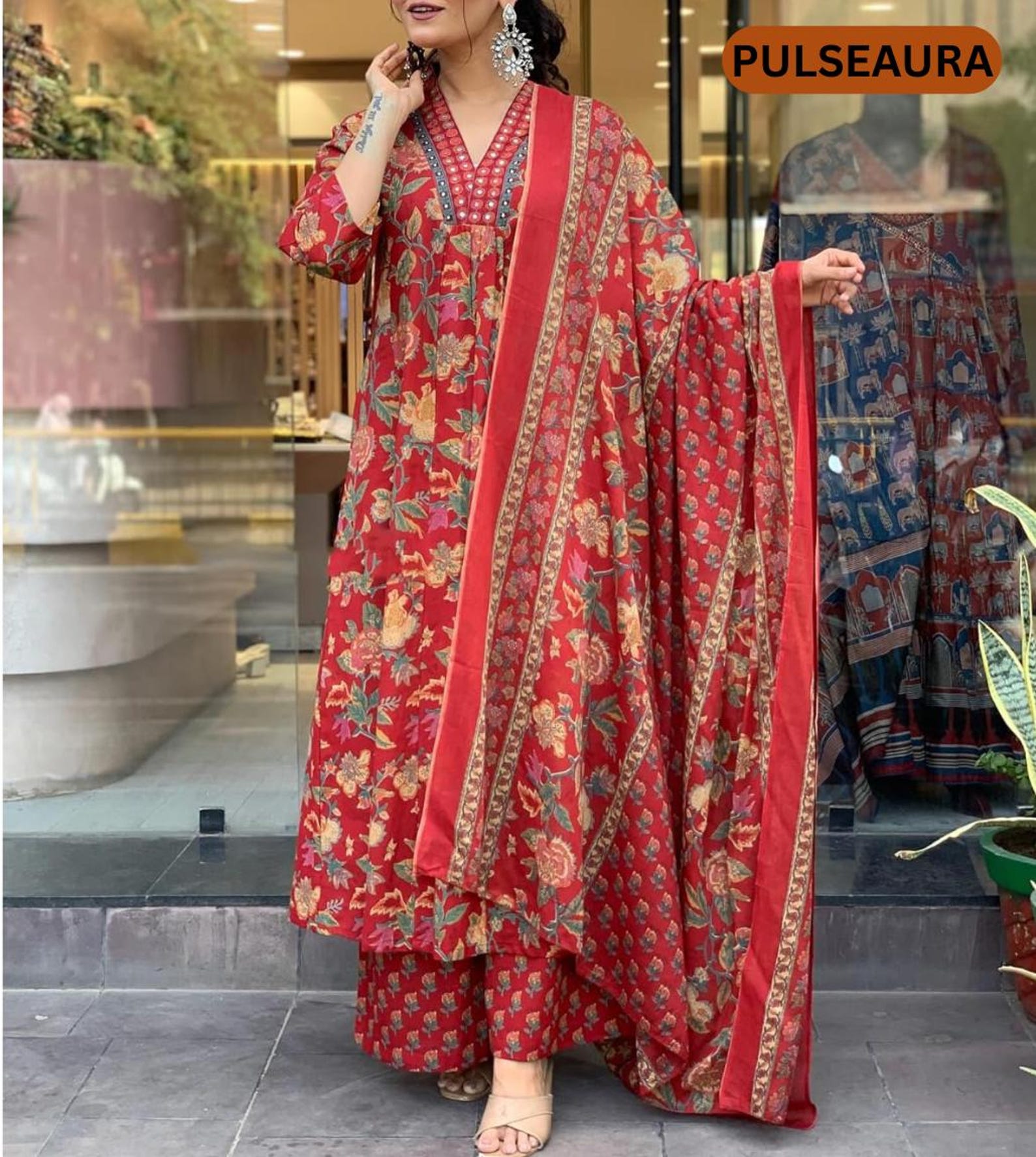 Women’s Red Maslin Co-Ord Set with Button-Down Kurta & Printed Pants – Elegant Ethnic Casual Wear