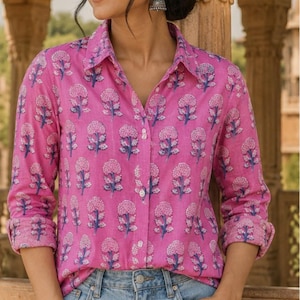 Roze katoenen overhemd met bloemenblokprint: casual etnische top uit Indian Heritage