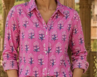Camisa de algodón rosa con estampado floral: Top étnico informal de herencia india