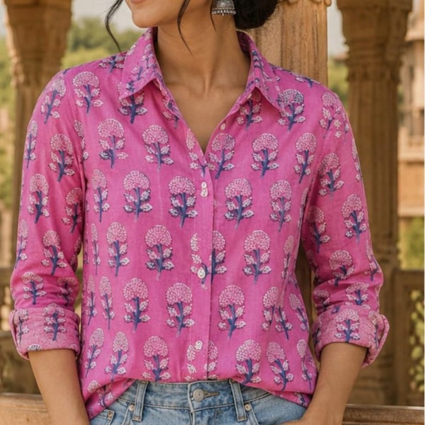 Pink Floral Block Print Cotton Shirt: Indian Heritage Casual Ethnic Top
