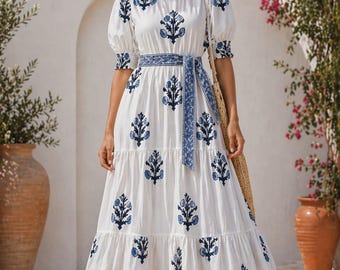 boho white maxi dress with blue floral print belted tiered dress for women cottagecore summer dress handmade lnspired vacation outflt