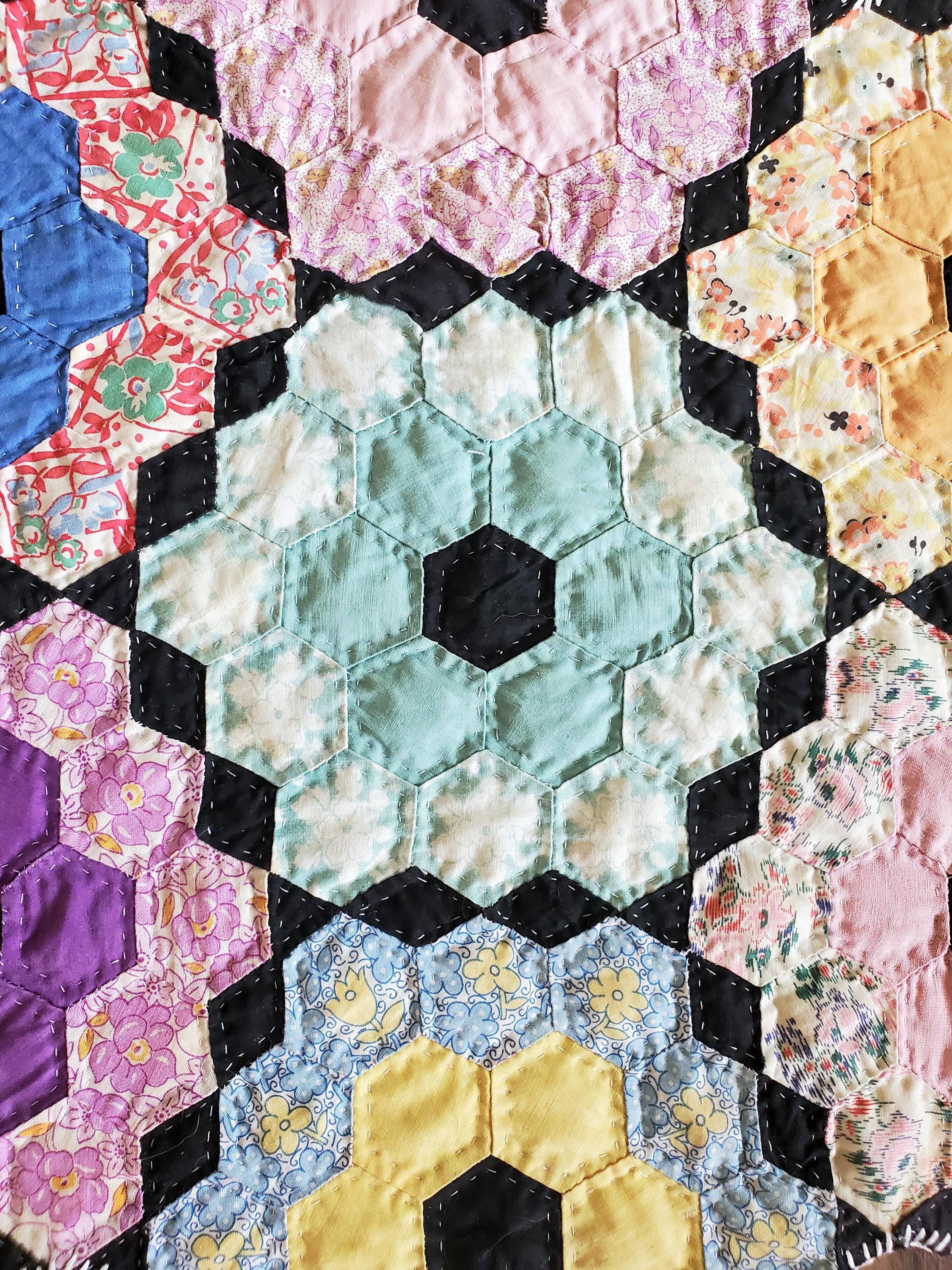 Cute vintage grandmother flower garden table top quilt, mini quilt, antique quilt
