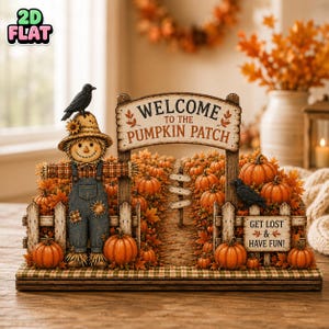 Houten blok met pompoenveld-vogelverschrikker, herfstdecoratie voor op een boerderij, rustieke herfstdecoratie voor op een plank, decoratie voor een pompoenveld, cadeau voor Thanksgiving