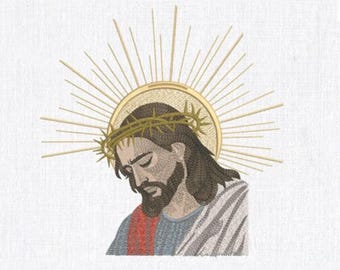 Jesus Christ with Halo and Crown of Thorns Machine Embroidery design. Religious Christian Embroidery pattern 8 Sizes, Instant Download
