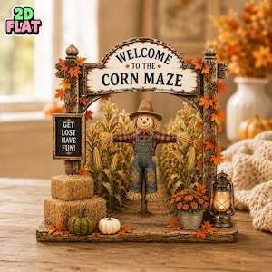 May include: A decorative corn maze sign featuring a scarecrow in denim overalls, two hay bales, a green pumpkin, a white pumpkin, and a lantern. The sign reads WELCOME TO THE CORN MAZE and GET LOST HAVE FUN, decorated with orange autumn leaves.