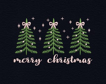 Merry Christmas Tree Embroidery Design, Three Christmas Trees Machine Embroidery File, Holiday Bow Tree Embroidery Pattern for Sweatshirt