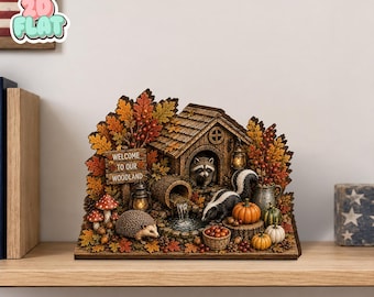 Pode incluir: Uma cena florestal decorativa com um guaxinim numa pequena casa de madeira, um cangambá e um ouriço. O conjunto inclui folhas de outono, abóboras, cogumelos e uma placa com a inscrição WELCOME TO OUR WOODLAND, além de duas lanternas.