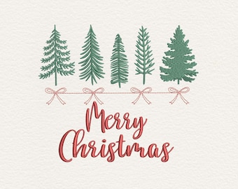 Merry Christmas Tree Embroidery Design, Three Christmas Trees Machine Embroidery File, Holiday Bow Tree Embroidery Pattern for Sweatshirt