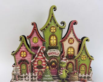 Grinch Whoville Village Wooden Block Decor, Christmas Village Shelf Sitter, Whimsical Holiday Tiered Tray Decor, Christmas Gift