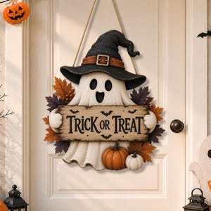 May include: A hanging Halloween door sign featuring a white ghost wearing a black witch hat. The ghost holds a rectangular wooden sign with the text TRICK OR TREAT in black letters. It is decorated with orange and purple autumn leaves and pumpkins.