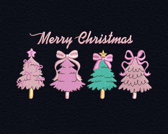Merry Christmas Tree Embroidery Design, Three Christmas Trees Machine Embroidery File, Holiday Bow Tree Embroidery Pattern for Sweatshirt