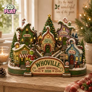 Könnte beinhalten: Ein Whoville-Weihnachtsdorf mit einem zentralen Rathaus, einer Grinch-Figur und verschiedenen Geschäften mit der Aufschrift Who Treats, Who Bakery, Grinch's Goods und Who Post. Der Sockel trägt die Aufschrift Whoville Merry Grinchmas 2026.
