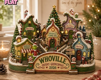 May include: A Whoville Christmas village display featuring a central town hall, a Grinch figure, and various shops labeled Who Treats, Who Bakery, Grinch's Goods, and Who Post. The base reads Whoville Merry Grinchmas 2026 with a decorative sign.