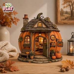 Può includere: Una casa in miniatura a forma di zucca con camino in pietra, tetto a scandole con picciolo in cima e una porta che si apre su un interno illuminato. L'esterno include una panchina in legno, piante in vaso, piccole zucche e un'insegna.