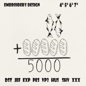 May include: Black and white embroidery design featuring two fish above five loaves of bread, with the mathematical equation + 5000. The text "EMBROIDERY DESIGN" and size measurements 4", 5", 6", and 7" are at the top.
