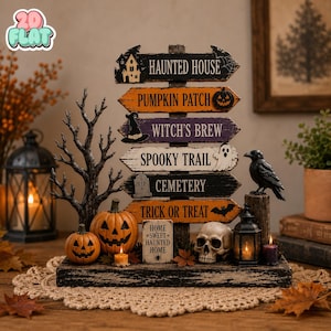 Puede incluir: Un letrero de madera con temática de Halloween que presenta flechas direccionales apiladas con las etiquetas Haunted House, Pumpkin Patch, Witch's Brew, Spooky Trail, Cemetery y Trick or Treat. Incluye una calavera, dos calabazas, un cuervo negro y un pequeño letrero que dice Home Sweet Haunted Home.