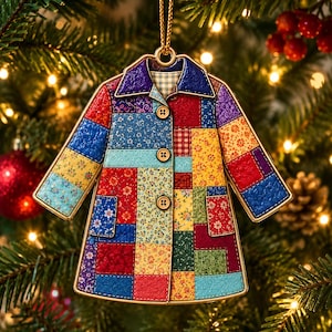 Könnte beinhalten: Ein hängendes Ornament in Form eines Mantels mit Patchwork-Design, das verschiedene Blumen- und geometrische Muster in Rot, Blau, Gelb und Grün aufweist. Der Mantel hat einen goldfarbenen Rand, einen Kragen, drei Knöpfe und zwei Taschen.