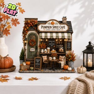 Peut inclure: Un modèle miniature de café Pumpkin Spice avec une porte verte, un auvent rayé et du feuillage d'automne. L'enseigne indique PUMPKIN SPICE CAFÉ, COFFEE, LATTES, TREATS. Il comprend des tables, des chaises, des citrouilles et des panneaux indiquant PUMPKIN SPICE & EVERYTHING NICE, PUMPKIN SPICE & COZY DAYS et FARM FRESH PUMPKINS.