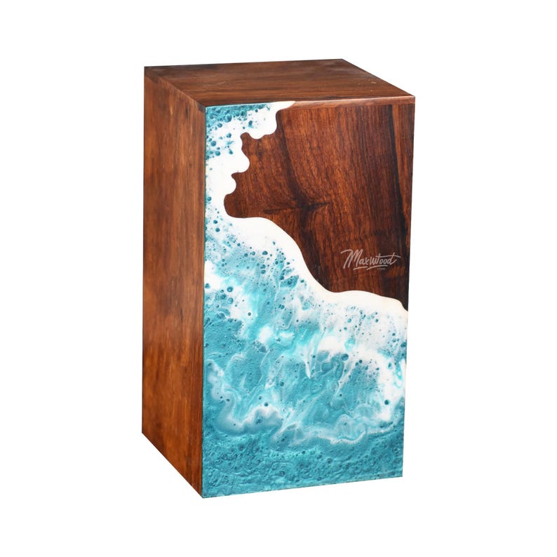 Rosewood Wooden Urn Box With Ocean Wave Resin Art | Memorial Urn for ...