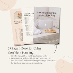 May include: An open e-book titled "E-book: optimize your planning" with a laptop and coffee cup on a bed. The book cover has text that reads "Do more in less time." The image also shows a 23-page e-book for calm, confident planning.