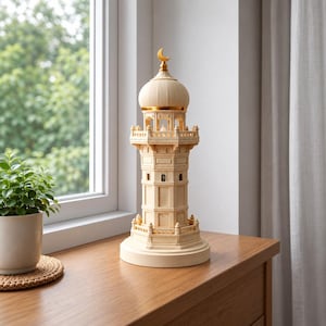 May include: A cream-colored decorative tower sculpture featuring an octagonal base, a multi-tiered structure with arched openings, and a rounded dome top crowned with a small, metallic gold-colored crescent moon finial.