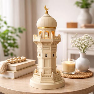May include: A cream-coloured decorative tower with a dome and crescent moon finial. The tower has a gold band and small windows. It is lit from within, and sits on a round base. A candle and vase of flowers are nearby.
