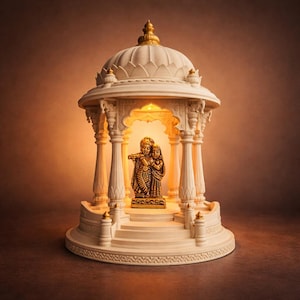 May include: A detailed, white, ornate temple structure with a domed roof and gold accents. Inside, a golden statue of two figures is illuminated. The temple features pillars and steps, creating a serene and spiritual ambiance.