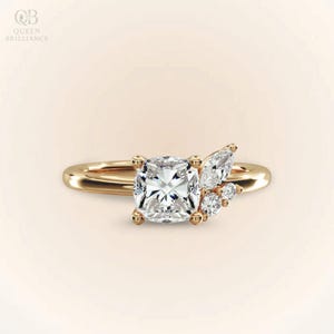 Unique Cushion Cut Cluster Engagement Ring Cushion Moissanite Diamond Ring 14K Gold Wedding Ring Art Deco Anniversary Ring For Her