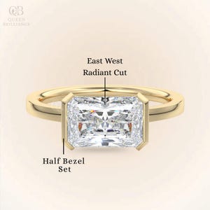 6x9 MM Elongated Radiant Cut Moissanite Solitaire-2 CT Radiant-14k Solid Yellow Gold-East to West Half Bezel Set-Engagement Gift