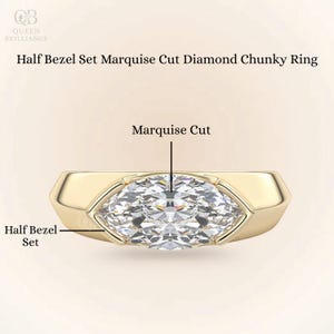 East West Marquise Diamond Ring Half Bezel Set Marquise Moissanite Engagement Ring 14K Gold Chunky Band Wedding Ring Marquise Solitaire Ring