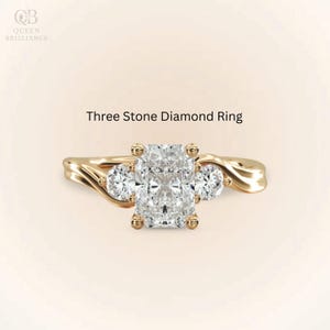 Three Stone Radiant Cut Moissanite Engagement Ring Round Side Stone Radiant Diamond Ring 14K Gold Wedding Ring Promise Ring For Women