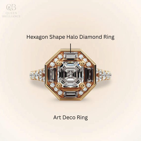 Anillo de compromiso de moissanita con corte Asscher: bisel, halo