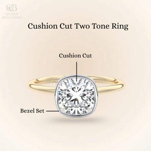 Bezel Set Cushion Engagement Ring 2CT Cushion Cut Moissanite Diamond Ring 14K Gold Two Tone Ring Solitaire Wedding Ring Cushion Diamond Ring
