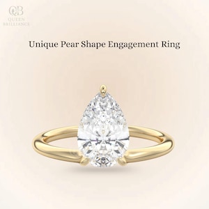 3 CT Pear Shaped Moissanite Ring | Low Profile Setting Engagement Ring | Teardrop 14K Solid Gold Wedding Ring | Unique Pear Solitaire Ring