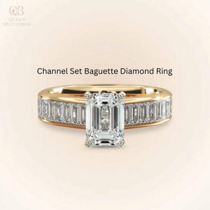 3 CT Emerald Cut Moissanite Engagement Ring, 14K Solid Gold Ring, Unique Channel Set Baguette Diamond Ring, Gift For Her Promise Ring
