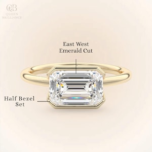 East West Emerald Cut Moissanite Engagement Ring Half Bezel Emerald Diamond Ring 18K Solid Gold Wedding Ring Promise Ring For Her