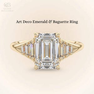 Three Stone Emerald Cut Moissanite Diamond Ring Baguette And Emerald Engagement Ring 18K Gold Trilogy Ring Wedding Ring Past Present Future