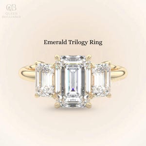 Emerald Cut Three Stone Moissanite Diamond Ring Emerald Engagement Trilogy Ring 18K Gold Wedding Ring Past Present Future Ring Handmade Ring