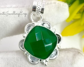 Dainty Green Onyx Pendant Necklace: Sterling Silver May Birthstone