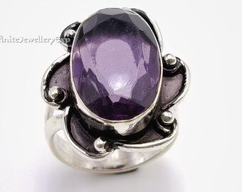 Faceted Oval Amethyst Ring, Oxidized Sterling Silver Boho Jewelry, February Birthstone